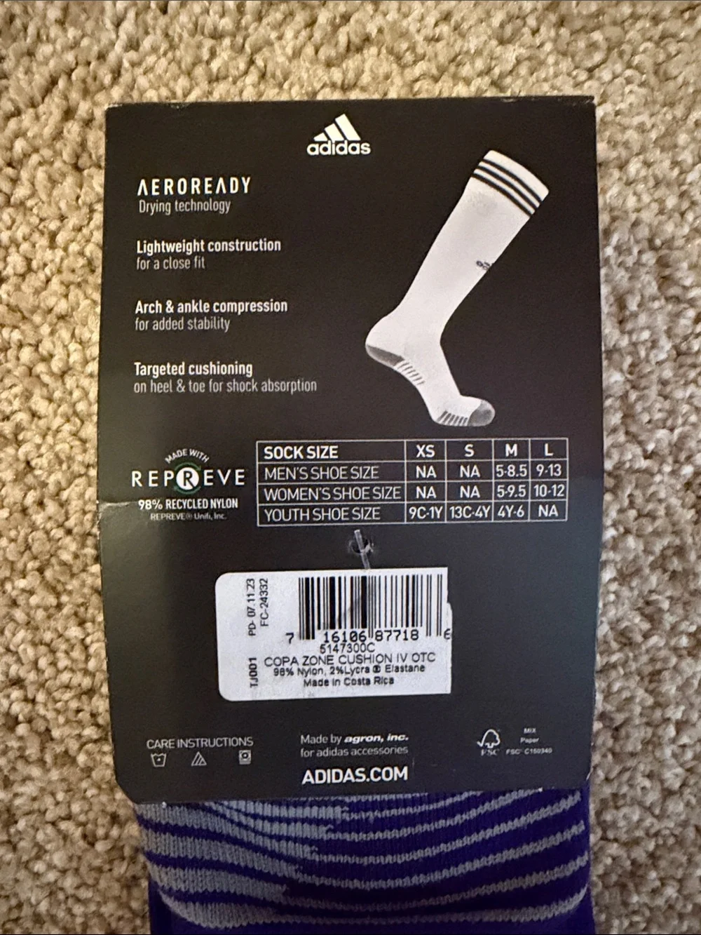 adidas Purple Athletic Soccer Copa Zone Socks with White Stripes